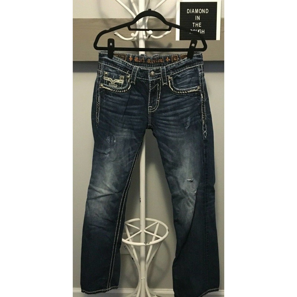 Rock Revival Buckle Damont Boot Jeans Men's Sz 32 x 30 Blue Distressed